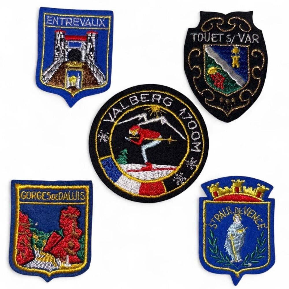 5 Vintage French City Crest Patches, Ski Resort 1970s Tourist Souvenir France